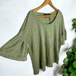Rachel Roy 100% Linen Sage Green Boho Ruffle Sleeve Boxy Top NWT